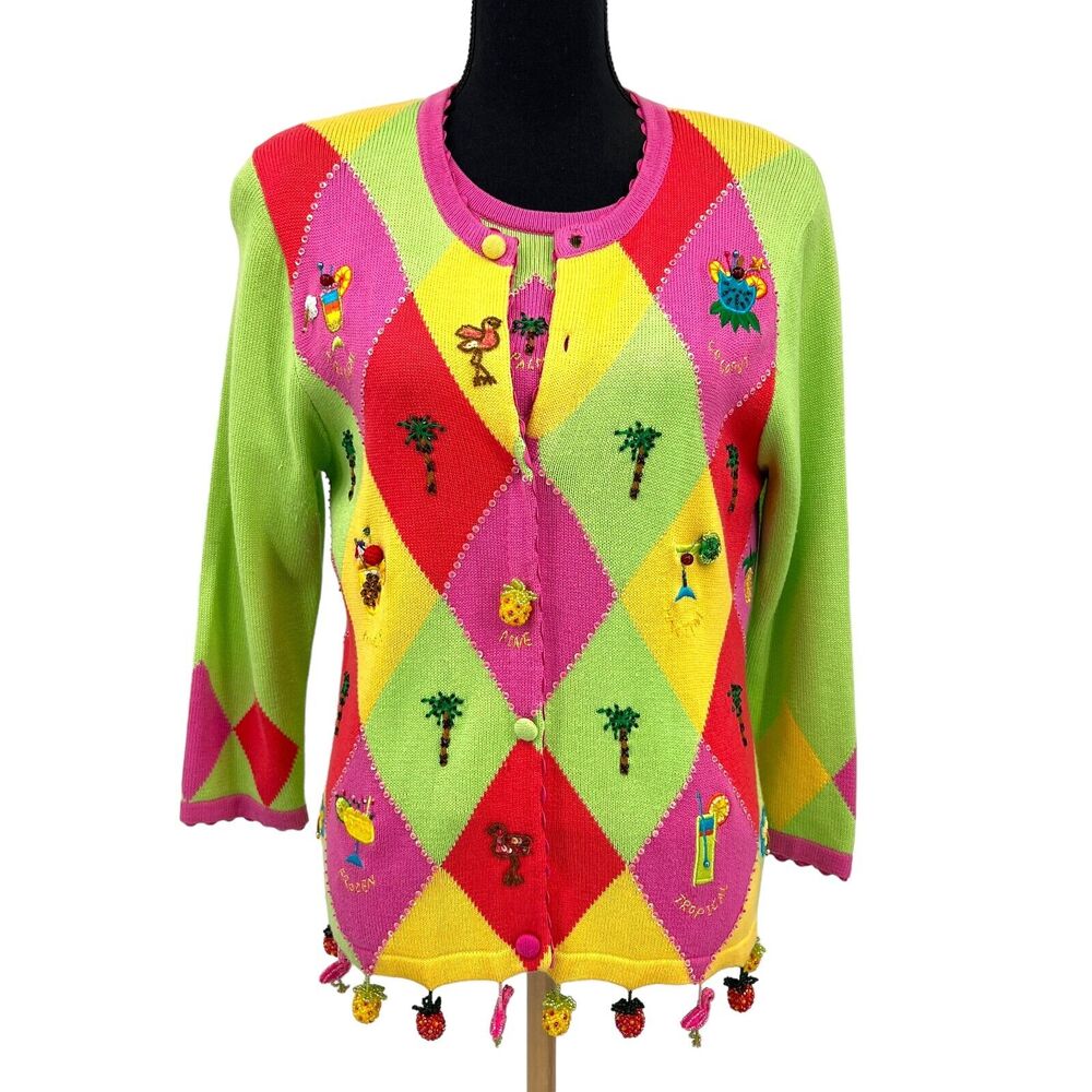 Berek Takako Sakon Twinset‎ Embroidered Beaded Cocktails Bright Pattern Cardigan